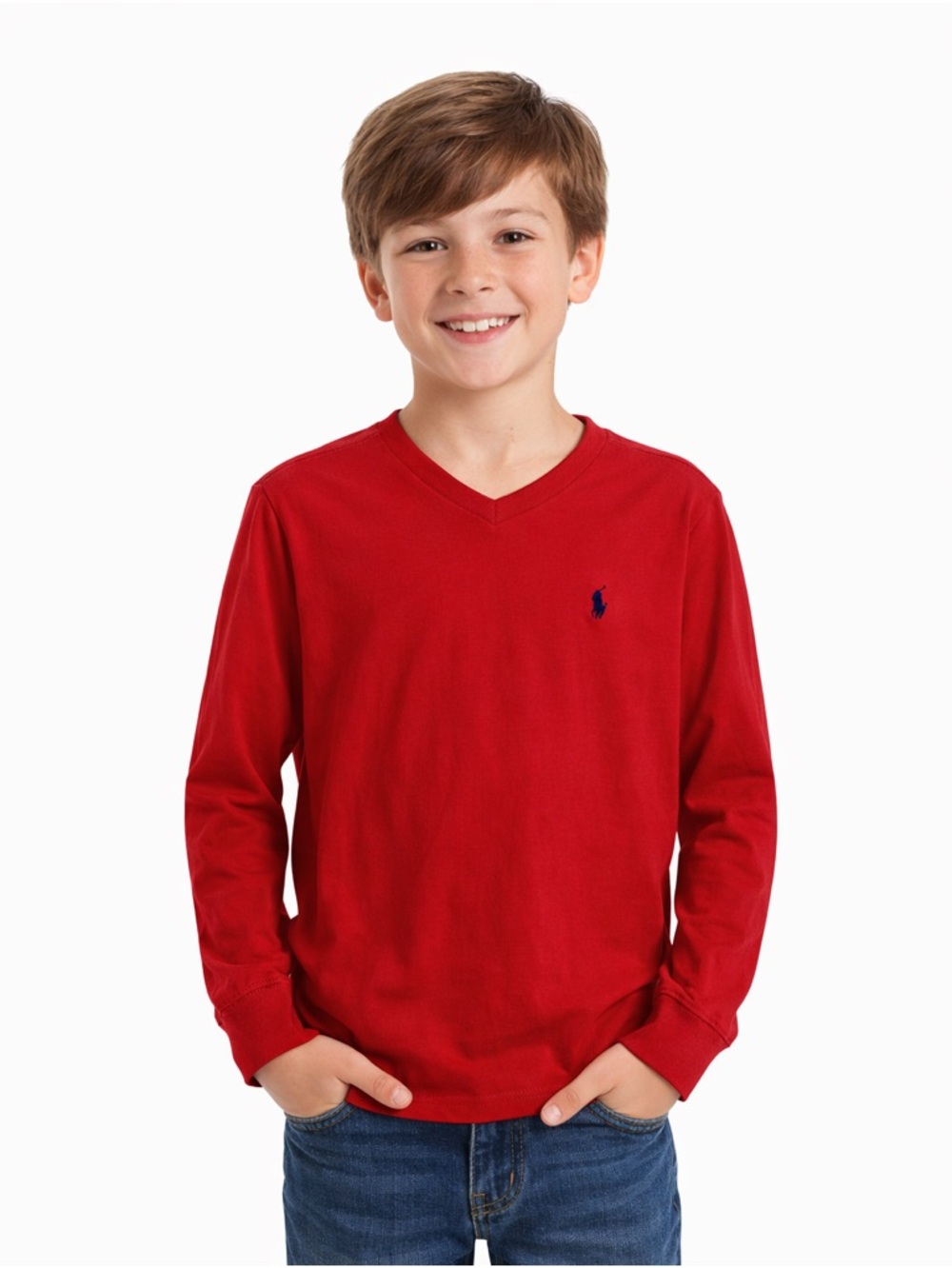 Polo by Ralph Lauren Red V-Neck Long Sleeve Tee with Navy Pony